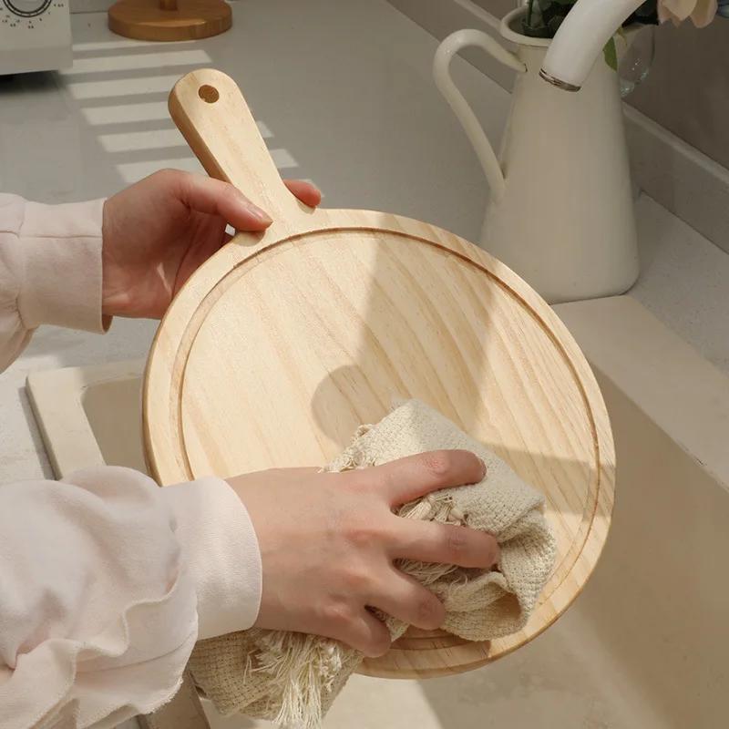 HeMu Wooden Cutting Board Pine Wood Pizza Board with Handle Round Portable Wooden Dinner Plate Kitchen Fruit Steak Tray