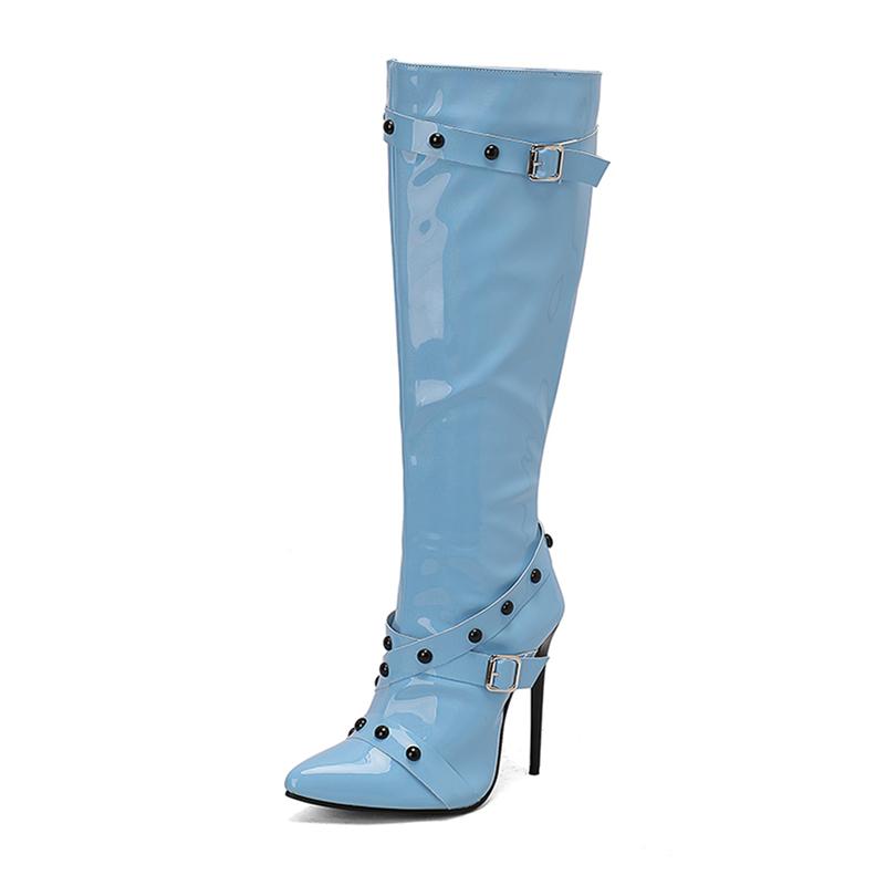 ANNYMOLI Women Knee High Boots Pointed Toe Thin High Heels Buckle Zipper Rivets Long Boots Ladies Fashion Shoes Autumn Winter 46