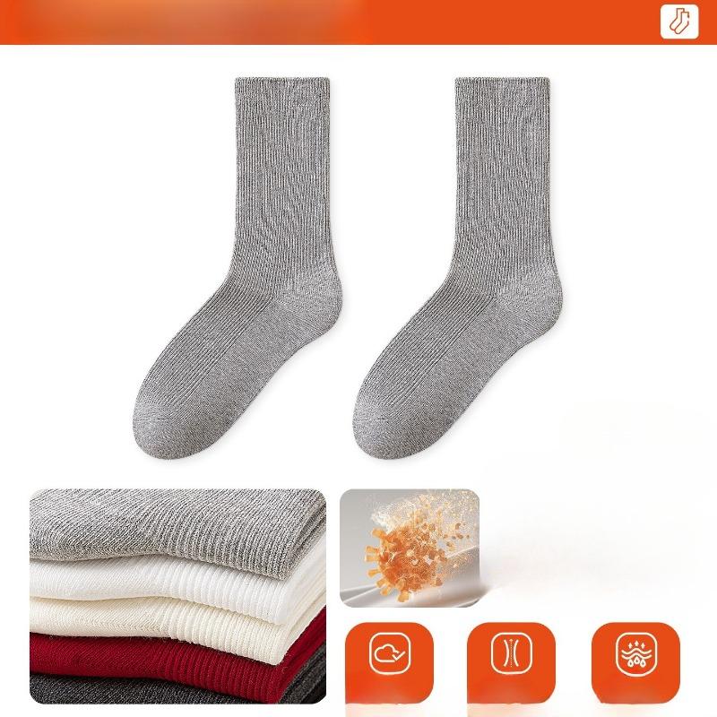 Female Spring and Autumn Pure Color Antibacterial Deodorant Double Needle Boneless Drum Pile Pile Cotton Socks