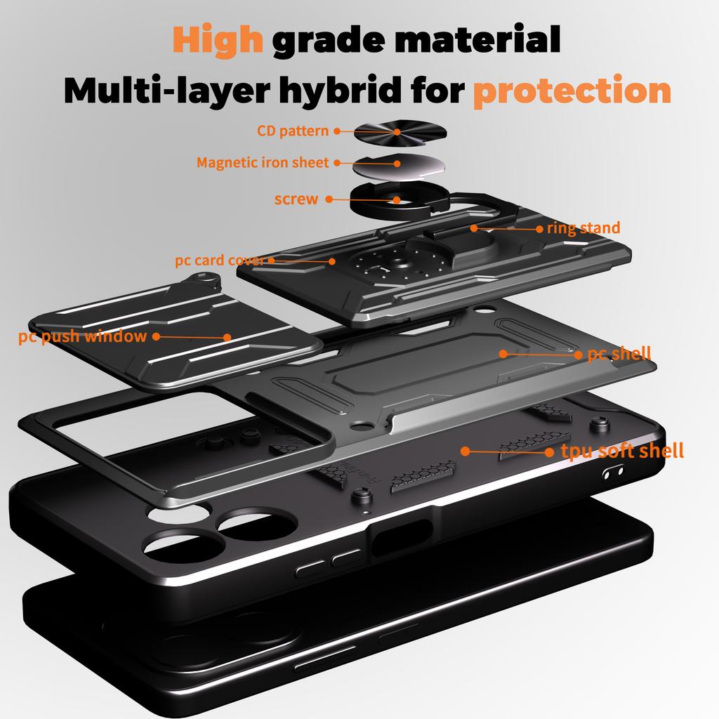 Pre Oppo A5 Pro 5G (globálne) Puzdro PC+TPU s výklopným stojanom, zadný kryt telefónu s posuvným krytom fotoaparátu