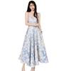 French blue oil painting long dress women's summer seaside vacation beach dress large swing dress waist floral suspender dress