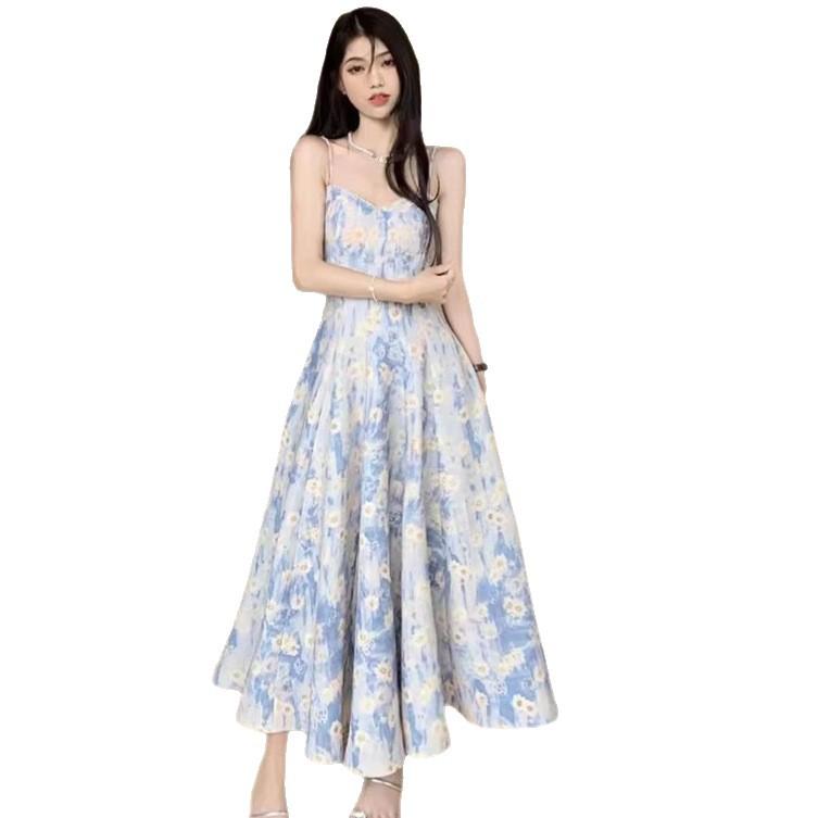 French blue oil painting long dress women's summer seaside vacation beach dress large swing dress waist floral suspender dress