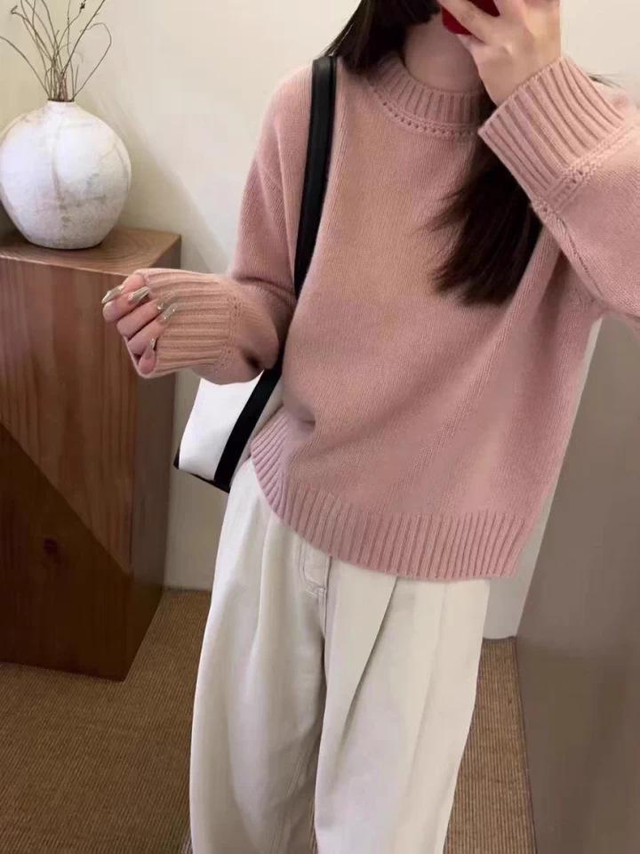 2026 Women's 100% Wool Round Neck Sweater - Autumn/Winter Simple Style Solid Color Inner Layer Design