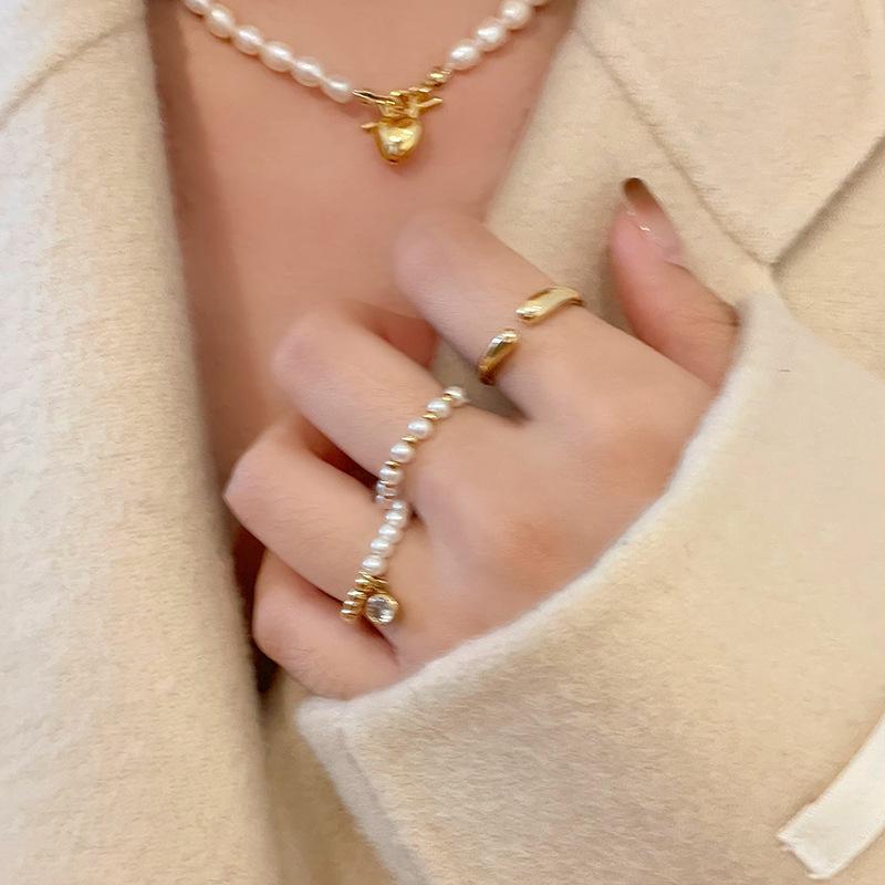 Electroplated pearl round bead elastic geometric opening ring three-piece light luxury niche index finger ring jewelry