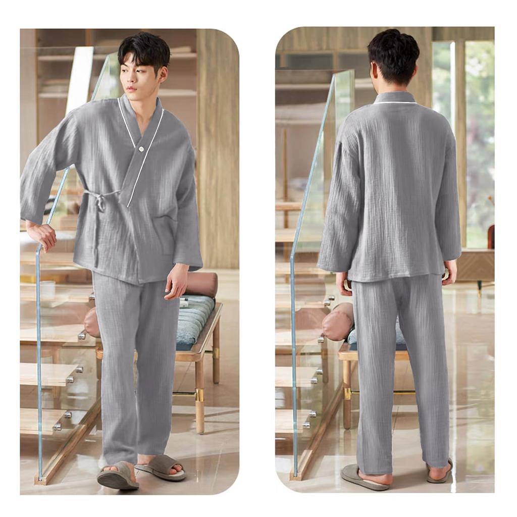 long double layer top and bottom Japanese gentle on the sweat quick room hospital loungewear [GREATCALL] Men's pajamas, sleeves, gauze, 100% cotton,