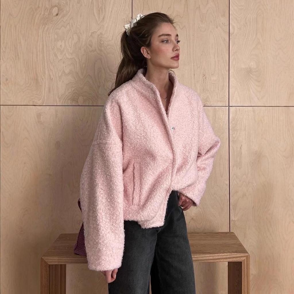 Women's Pink Winter Fleece Jacket - Stand-Up Collar, European & American Style