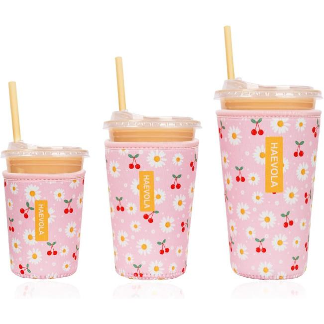Reble Ulated Neoprene Iced Coffee Cup Sleeve, Durable Drink Sleeve for Cold Beverages, Beverage Holder for Iced Coffee, Floral Checkers