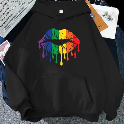 Damska Zimowa Jesienna Moda z Kapturem Casual Długi Rękaw Lgbt Pride Tęcza Usta Bluzy Bluzy Luźny Pulower