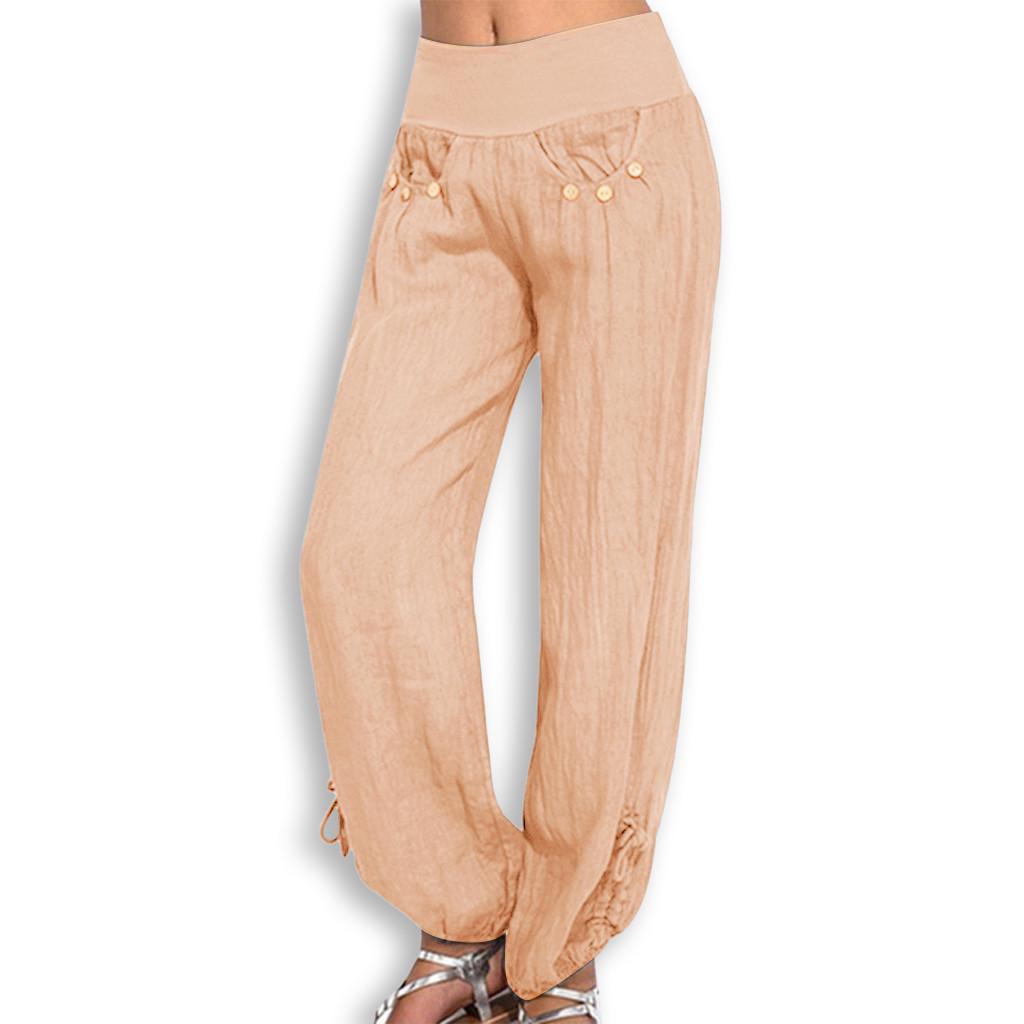 Fashion Women Solid Buttons Cotton And Linen Casual Loose Trouser Wide Leg Pants
