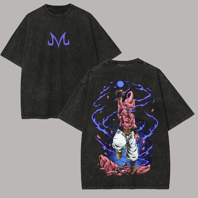 

Kid Buu T Shirt Men Acid Wash Oversized Anime Majin Cotton Vintage Gym Streetwear Purple Energy Ball Graphic Back Print Tee M