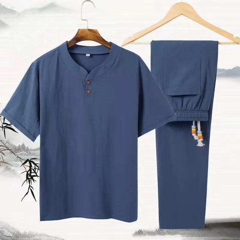 Summer Men Shirt Cotton and Linen Shirts Elastic Waist Short Sleeve Casual Men's Shirts Men Linen Pants