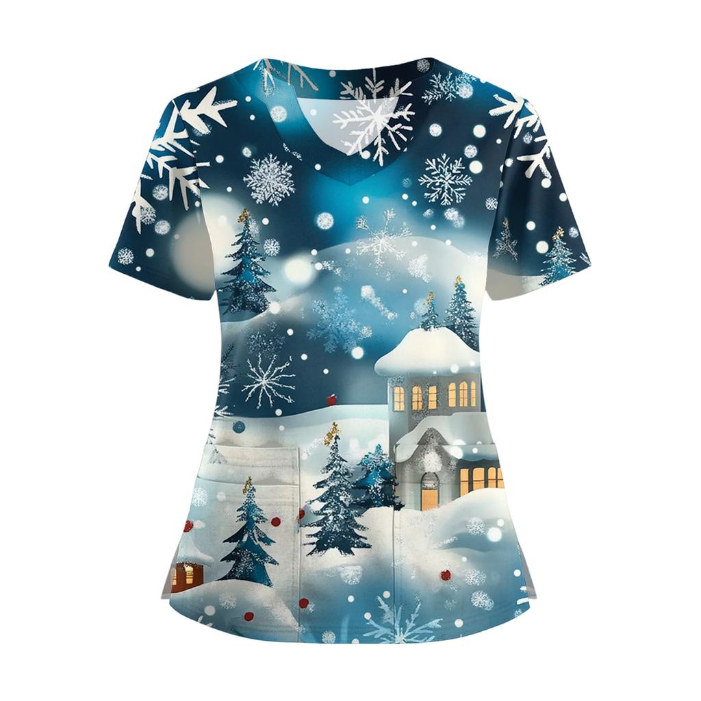 Women's Short Sleeved Christmas Printed V-neck Buttonable Side Slit Top T-shirt