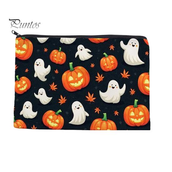 Versatile Zippered Storage Bag Halloween Bag, with Pumpkin Ghost Print, Durable Canvas Stationery Large Capacity Makeup Pouch, for Travel And