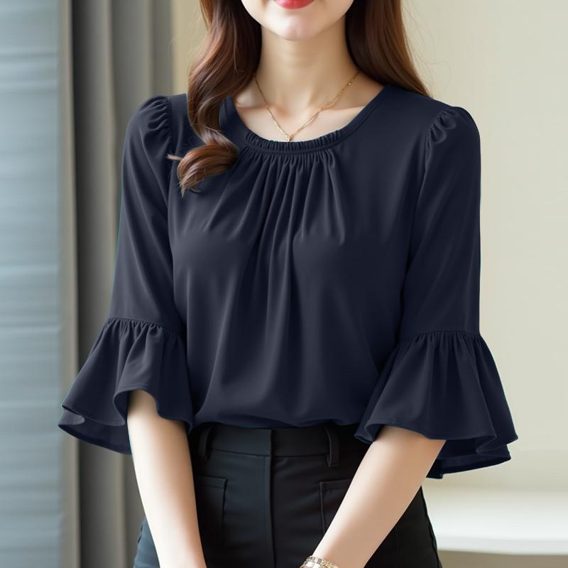 

ZANZEA Женская повседневная блузка с круглым вырезом, летняя, расклешенная, с рукавом 3/4, однотонная 5XL тёмно-синий