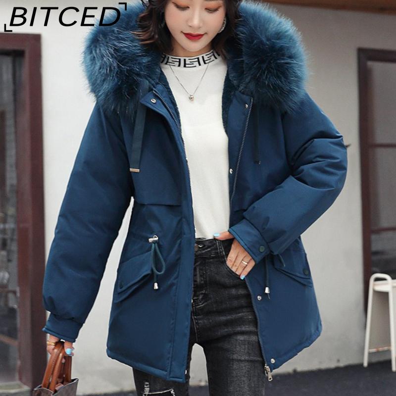 BITCED Women's Mid-Length Drawstring Cotton Coat with Fleece Lining Loose-Fit Puffer Jacket with Down-Fill Cotton Padding Winter Outerwear