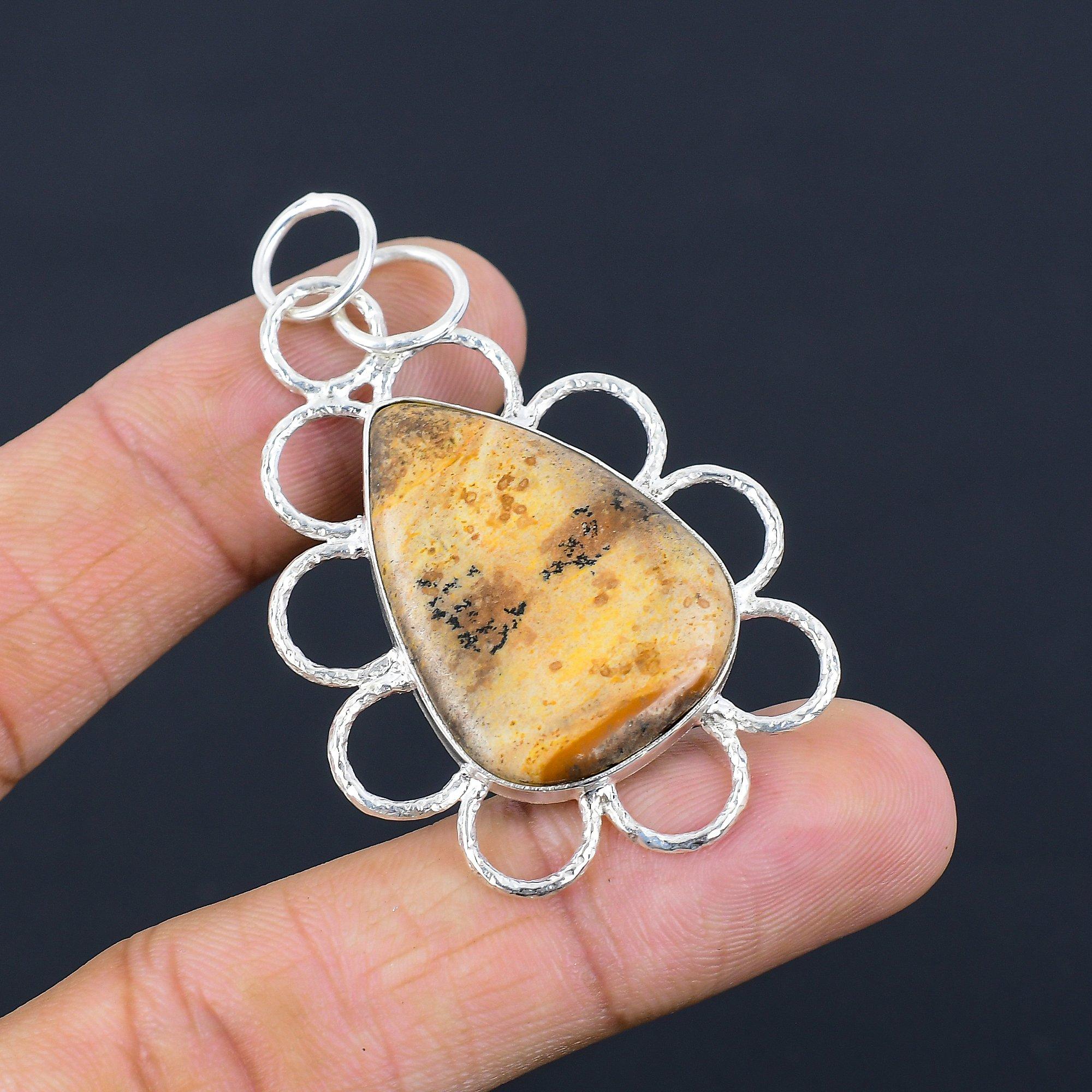 Sterling Silver Natural Picture Jasper Engagement Bezel Wedding Handmade Pendant