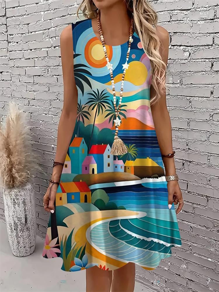 Lässiges Damen Tanktop-Kleid Sommer Ärmellos O-Ausschnitt 3D-Druck Locker A-Linien-Kleid Strand-Westenkleid