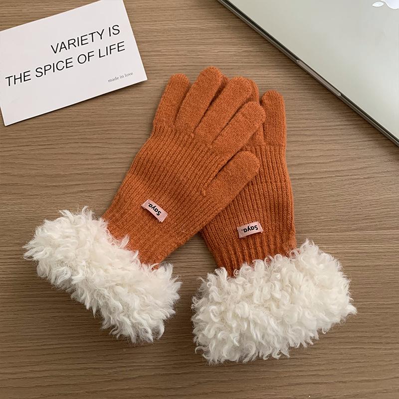

Женские зимние новые перчатки с плюшевой отделкой, вязаные теплые перчатки для велоспорта в корейском стиле с разделенными пятью пальцами, сенсорные, ветрозащитные и морозостойкие M
