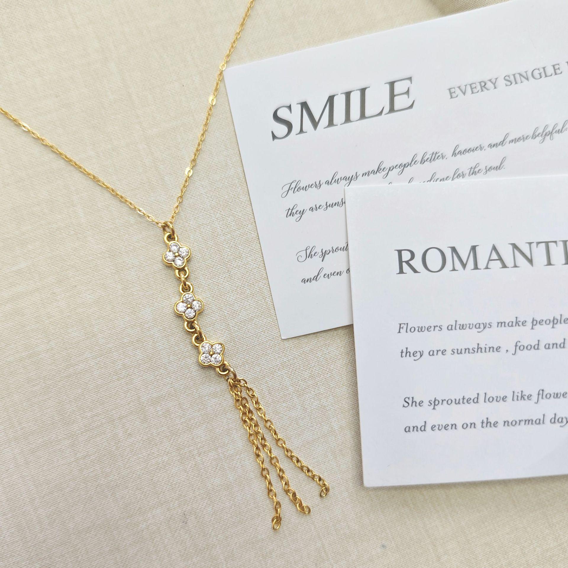 European Gold Clover Y-Tassel Necklace with Zirconia for Women s Elegant Style золотой