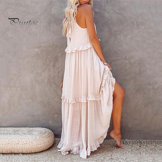 Dámské letní šaty s volánky, halterový výstřih, bez rukávů, volné, jednobarevné, plisované, s odhalenými rameny, patchworkové, dovolenkové, plážové, maxi šaty