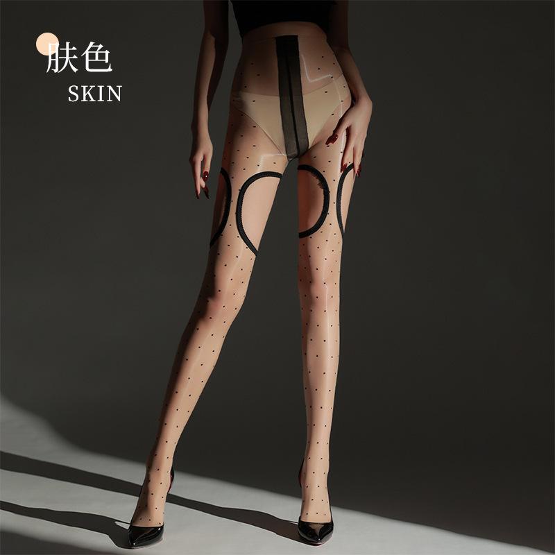 Aurora Polka Dot Shiny Stockings Fake Straps Four-Sided Hollow Out Women's Polka Dot Thin Summer Sexy Black Pantyhose SET8