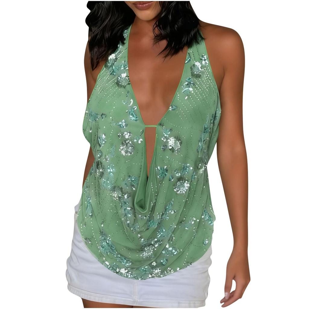 Ladies' Hollow Sequined V-neck Sleeveless Hanging Neck Backless Slim Fit Top