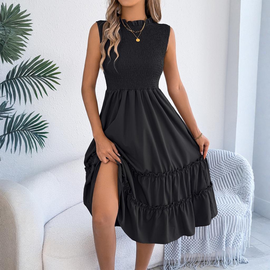 Women's Fashionable Color Round Neck Casual Sleeveless Dress With A Gathered Waist And Black Fungus Edge