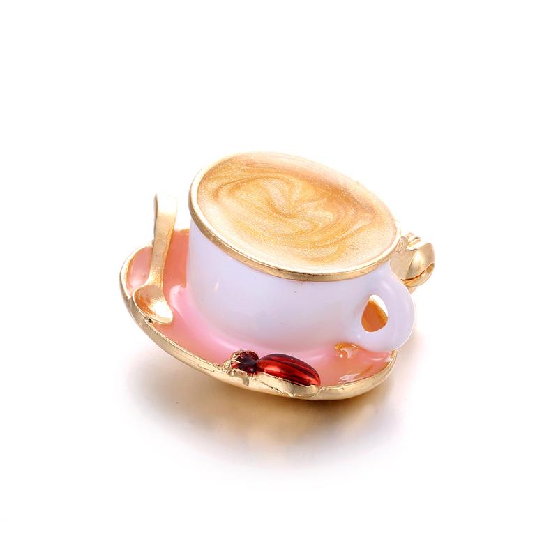 Fashion Coffee Cup Spoon Disc Shape Brooches White Enamel Gold Color Brooch Pins