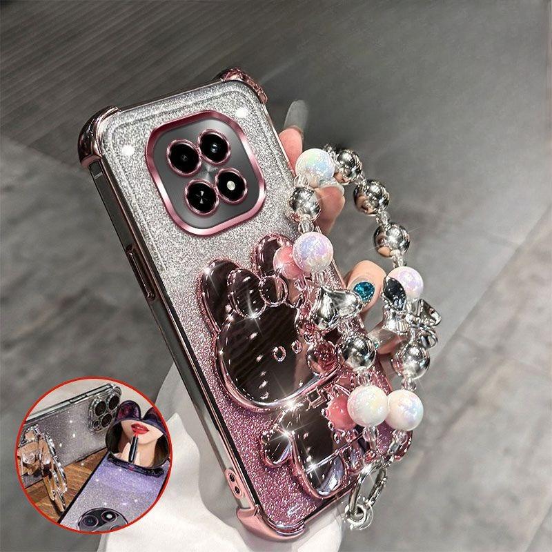 

Чехол для телефона с кронштейном-зеркалом в виде кролика для Realme 14 Pro 13 12 Pro Plus 5G C75 с браслетом, амортизирующий чехол с воздушными подушками в четырех углах Case & Holder&Realme C75 розовый