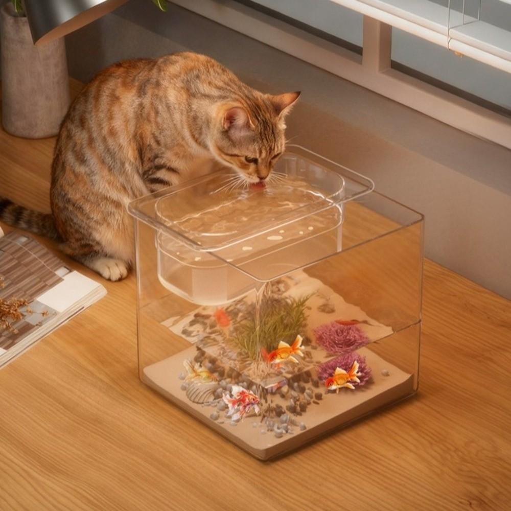 Cube Double-layer Fish Tank Plastic Cat Drinking Bowls Goldfish Tanks Landscape Ecological