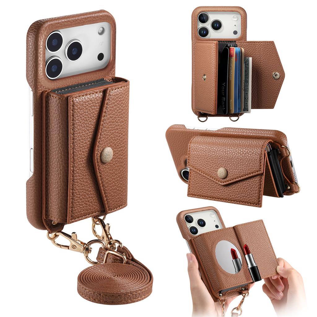 For iPhone 17 Pro Max Case Card Holder Kickstand PU Leather + PC Phone Cover with Mirror and Crossbody Lanyard