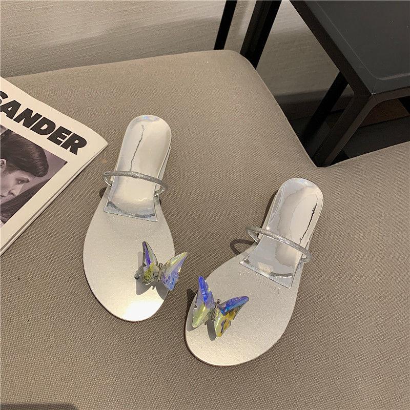 Beach shoes women's 2025 summer new pigeon eggs butterfly rhinestone cover toes flat bottom height increase outer wear cool slippers women