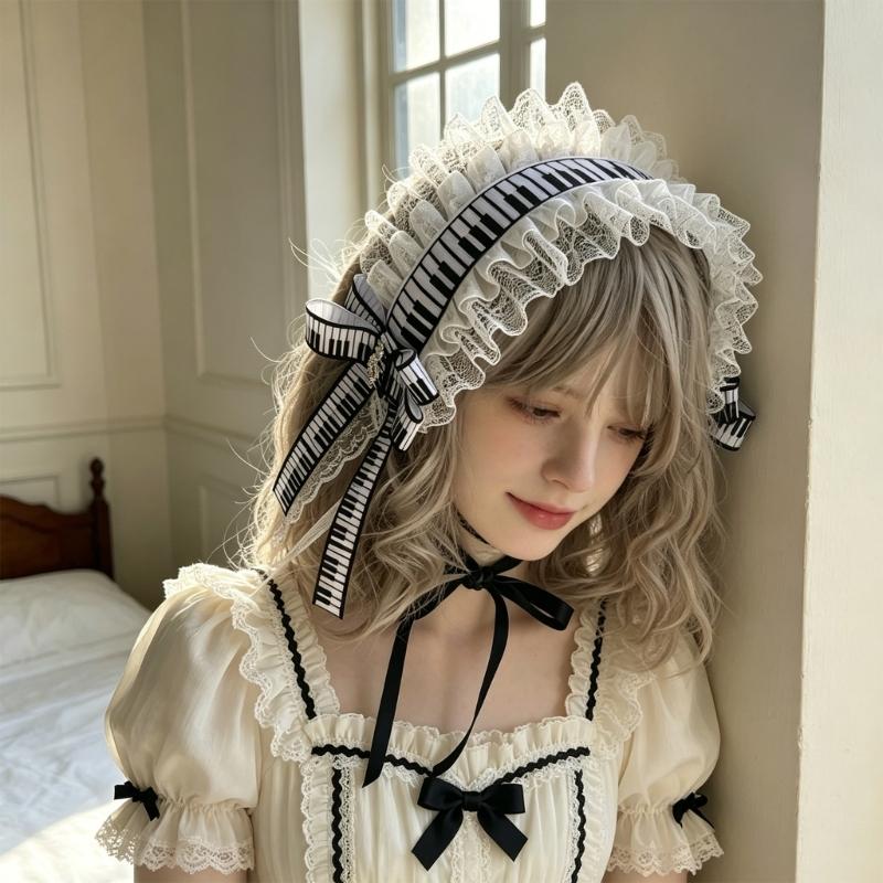 Fashion Lolitas Headbands Soft Durability Lolitas Lace Bows Hair Band With Music Notes for Costume Event