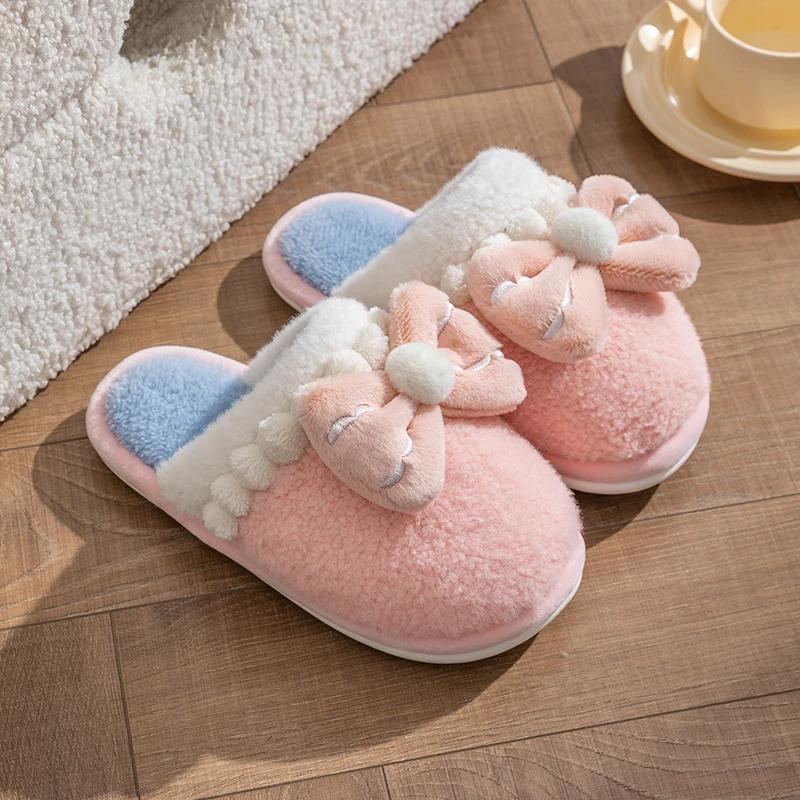 Fashion Casual Fluffy Slippers Women House Flats Fashion Winter Bowknot Designer Shoes Girls Home Plush Platform Elegant Footwear Warm