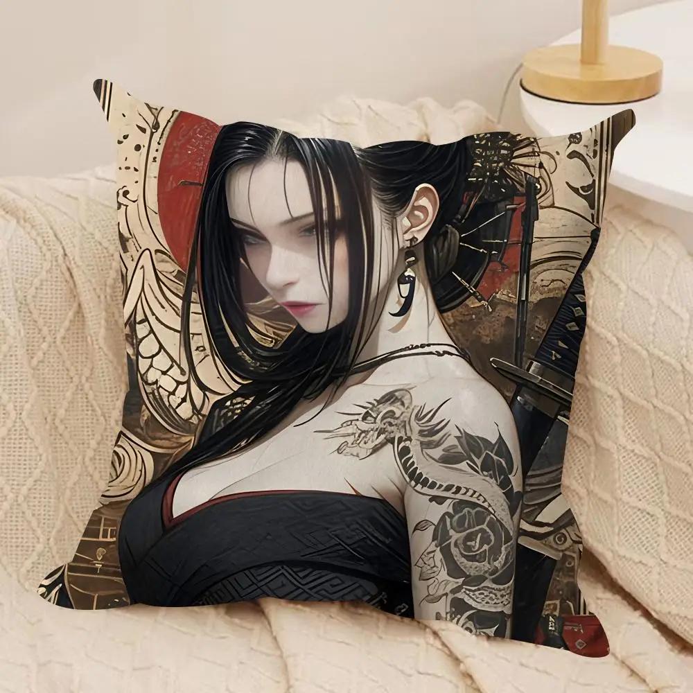 Girl Tattoos Japan Cushion Cover Silky Short Plush Invisible Zipper Dustproof Sofa Pillow Case For Home Decor