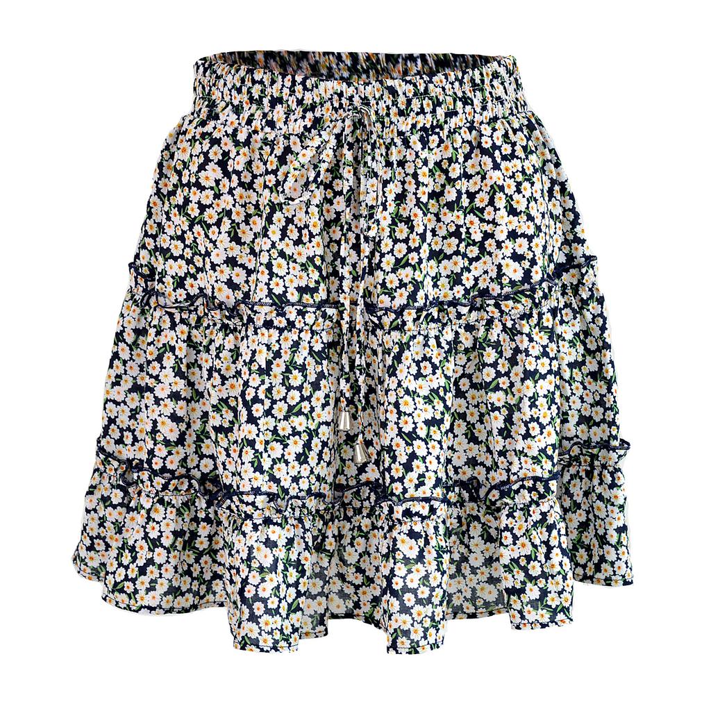 Summer Women's Casual High Waist Ruffled Floral Skirt Beach A-line Skirt