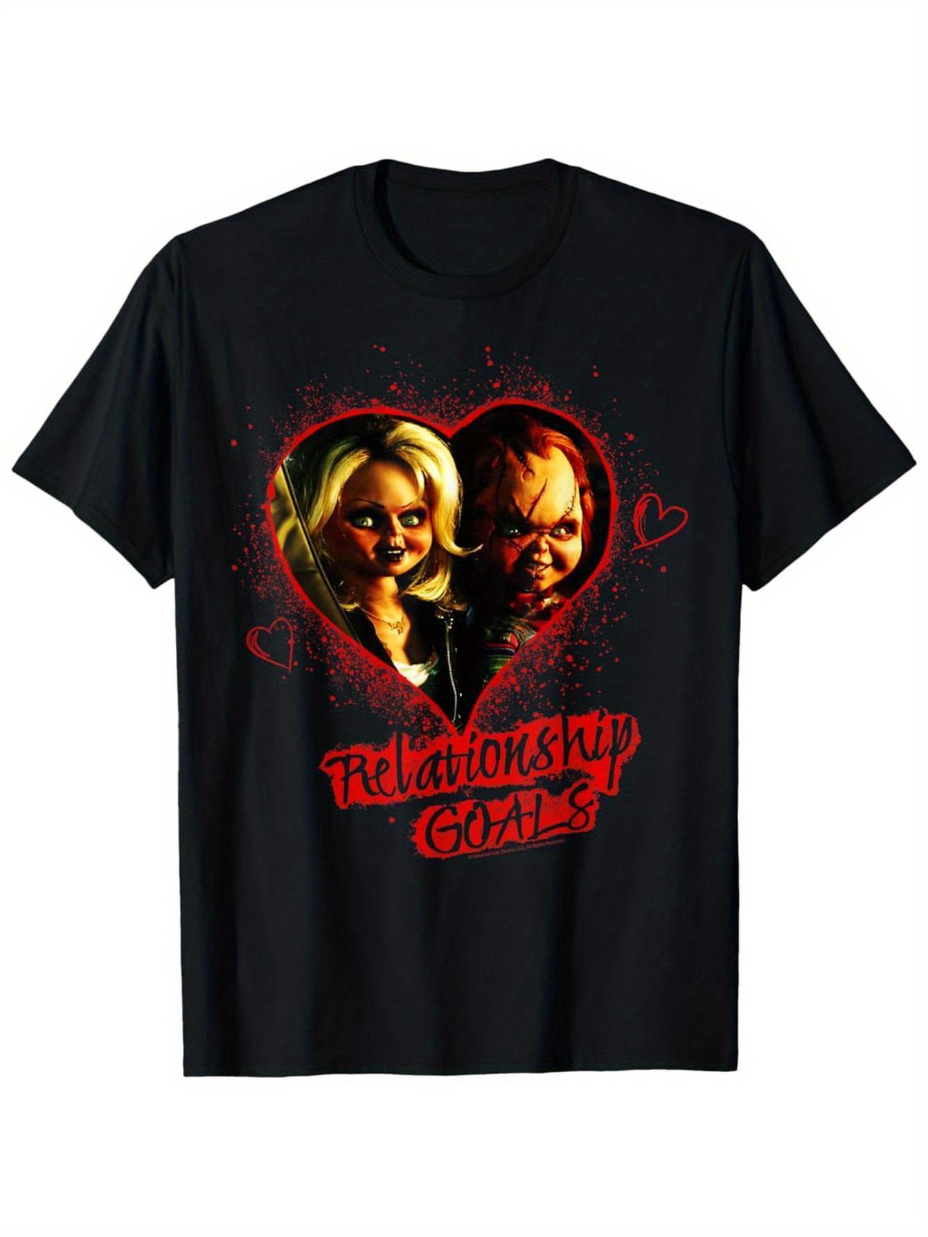 MenS Vintage Chucky  Tiffany Relationship Goals Graphic TShirt  Black Short Sleeve Crew Neck Tee with Bold Red Heart Design S