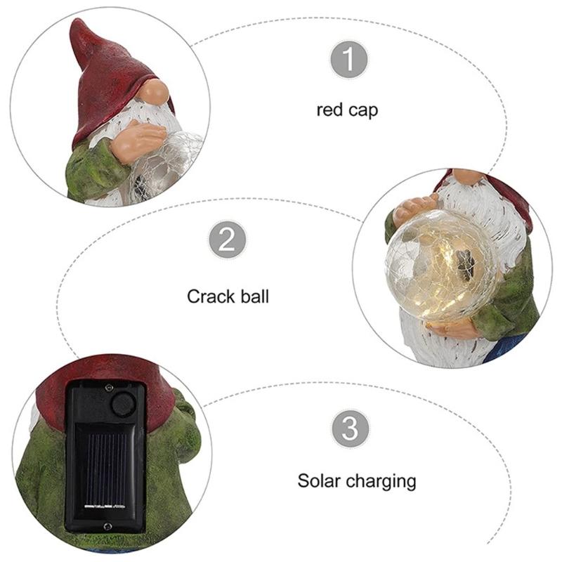 Outdoor Resins Gnomes Statue with LED Lighted Crack Ball Solar Powered Santa Figurine Ornament for Garden Patios Decors