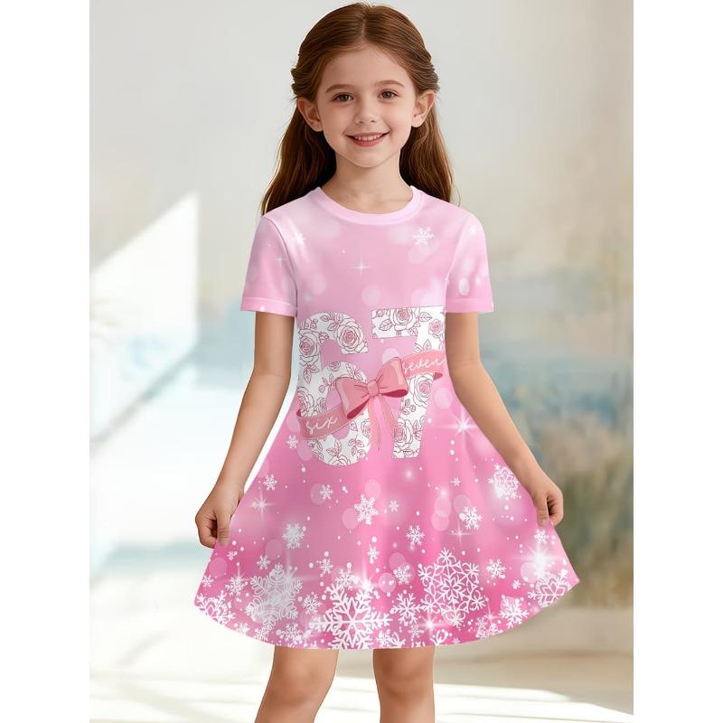 Girl Dresses Short Sleeve Summer Dress Bowknot Heart Print Hawaiian Vacation Beachwear Dress Outfits Bonfire Girls Party Dresses