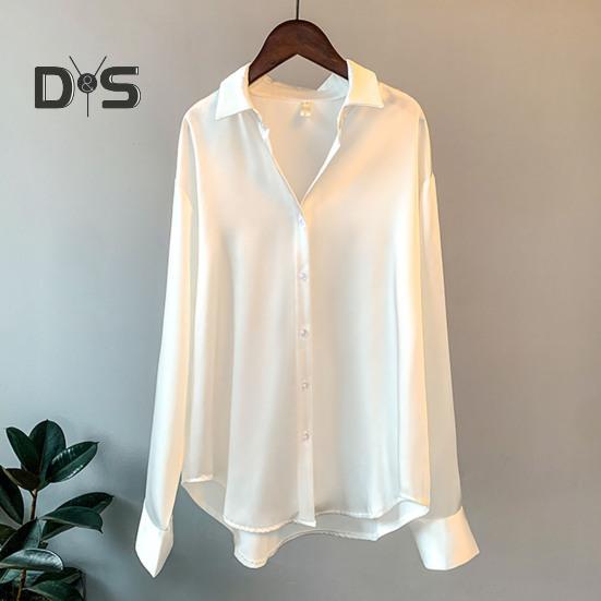 Damen-Hemd mit Revers, langärmelig, einreihig, Oberteile, einfarbig, glatter Satin, lockere Passform, vielseitiges Hemd
