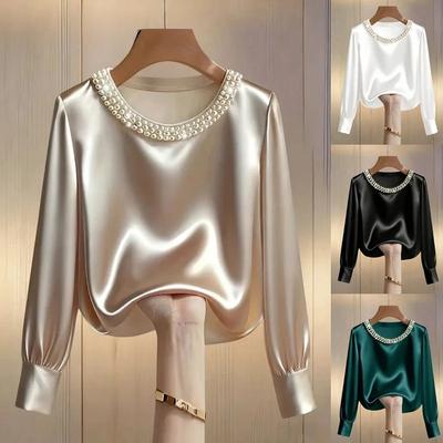 Elegant Satin Shirt Women Spring Autumn Bead Design Long Sleeve Silk Blouse Women Fashion O Neck Loose Pullover Tops