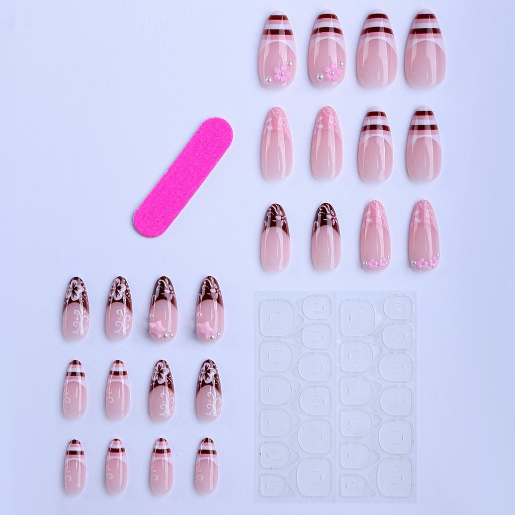 Almond Shape False Nails with Brown Stripes and Pink Flowers Design 24 Pieces for Party Wedding Daily Use