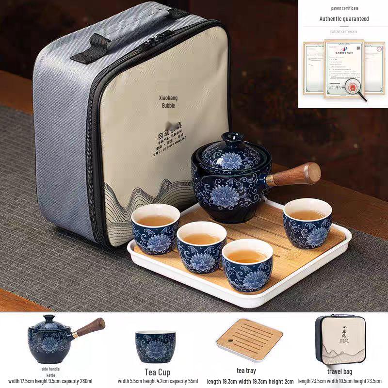 Compact Travel Tea Set with Automatic Rotating Teapot and Side Handle Kung Fu Cups