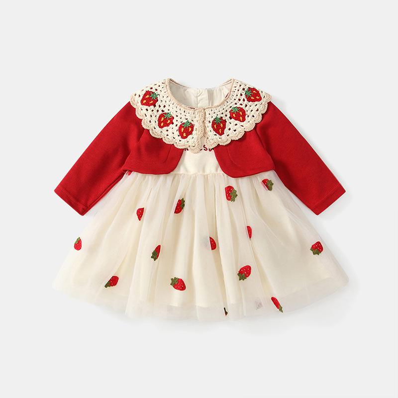 

Strawberry Mesh Spliced Red Toddler Long-Sleeve Dress for Spring & Autumn Size 80