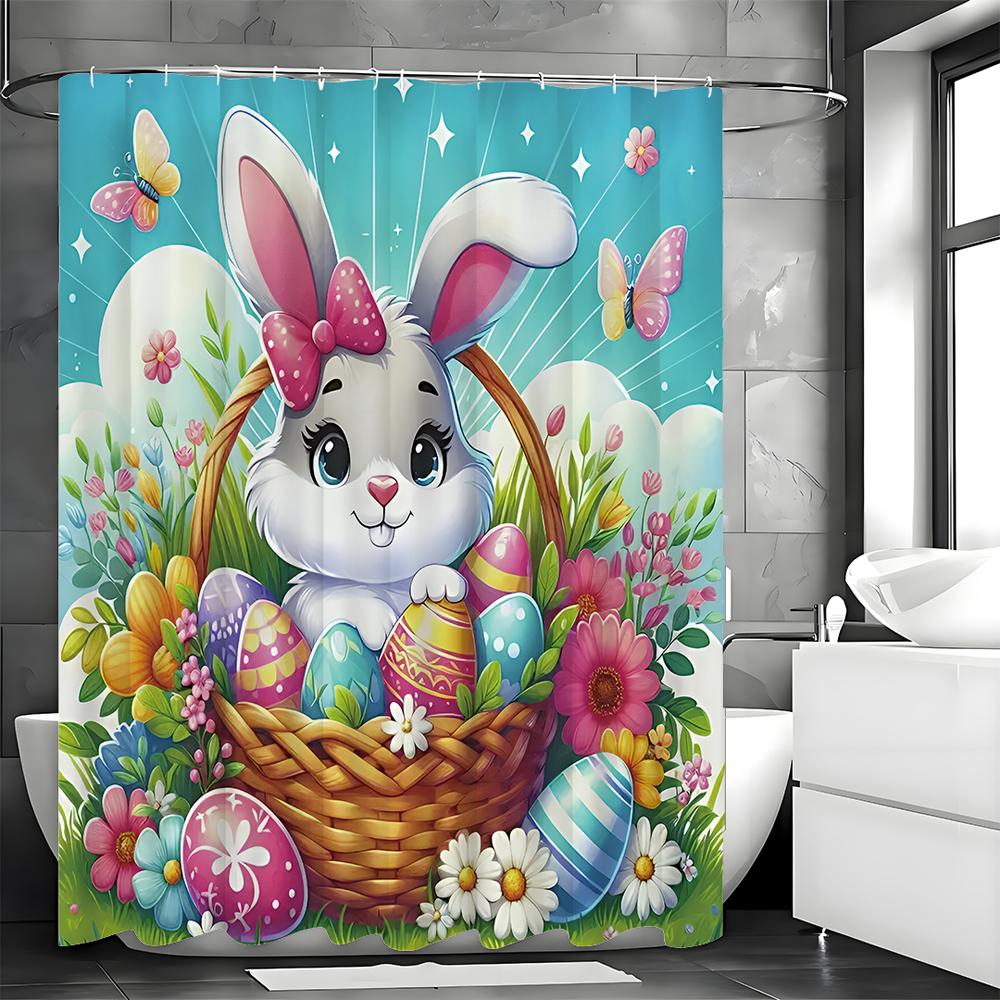 Bathroom Happy Easter Shower Curtain, Cute Bunny, Funny Bunny, Colored Eggs, Colorful Wildflowers, Spring Flowers, Green Grass,