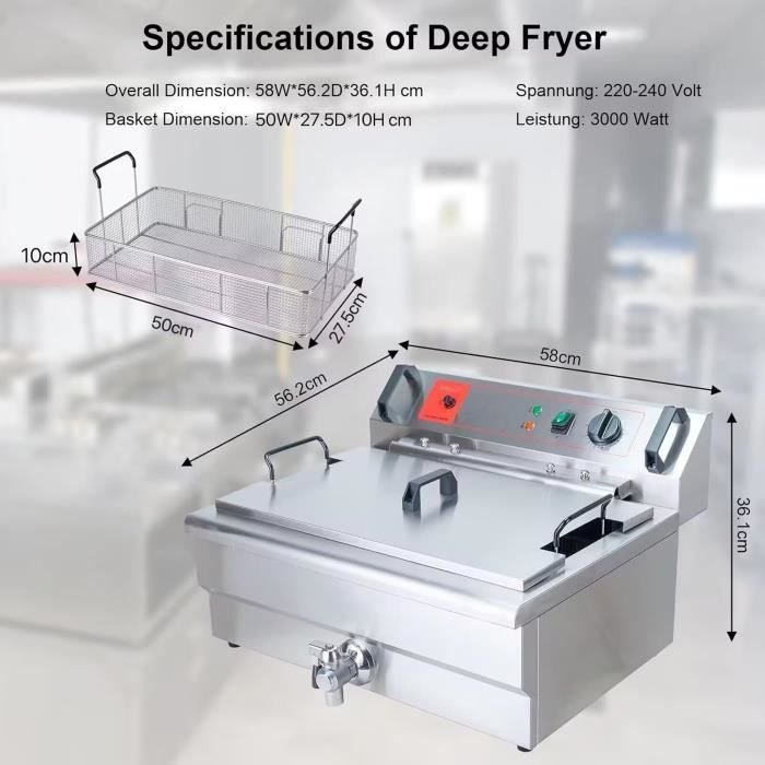 Friteuse électrique - valgus - 3000w - 30l - acier inoxydable - thermostat ajustable 50-190°c