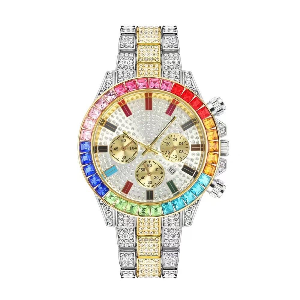 

Fashion Diamond Calendar Watch For Men With Quartz Movement And Alloy Band Rose Black
