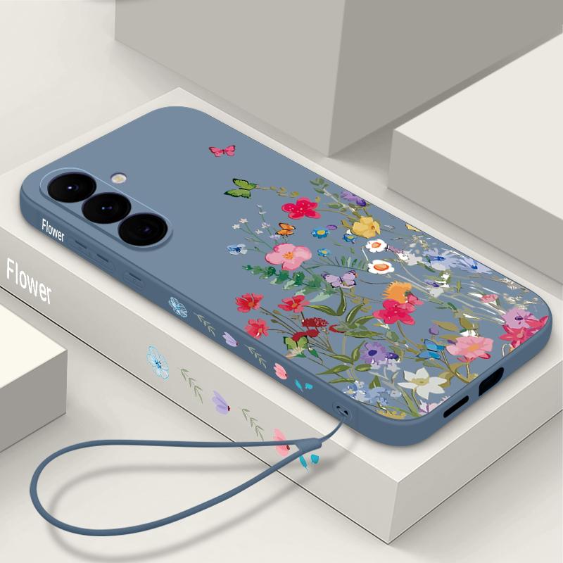 Colorful Flower Print Lanyard Phone Case For Samsung Galaxy A57 A17 A56 A16 A55 A15 A36 S25 FE S26 S24 S23 S22 Ultra Soft Cover