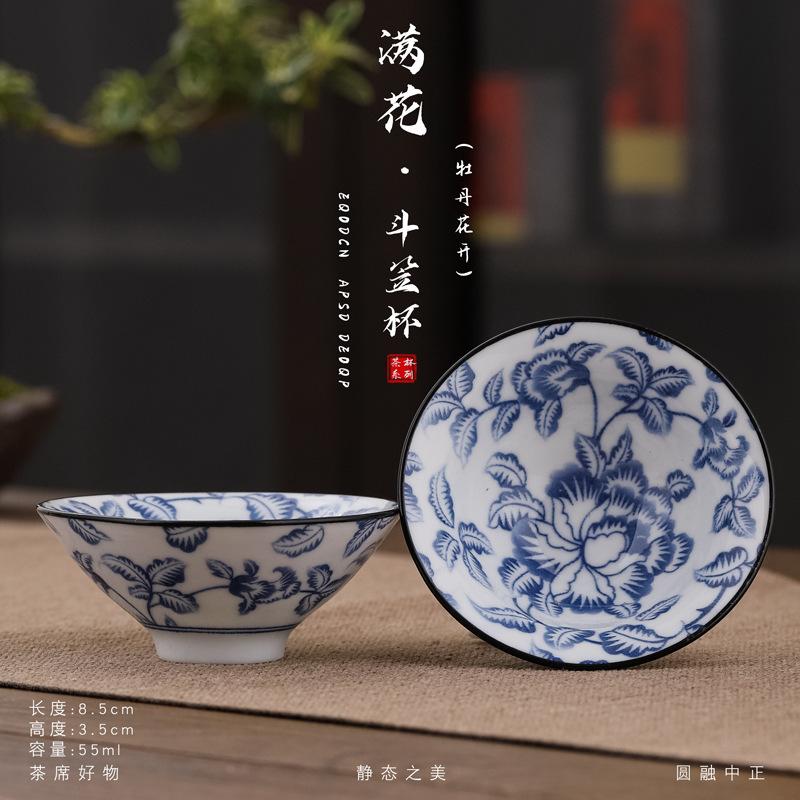 1 Stück chinesische Teetasse aus blauem und weißem Porzellan, exquisite handbemalte Teeschale mit Vogelmotiv, Bambushut, Meister-Meditationstasse, Teeservice, 55 ml
