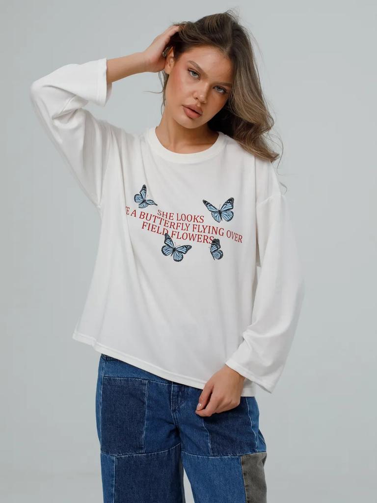 100% cotton t-shirt autumn American fashion personality fun butterfly literary print top